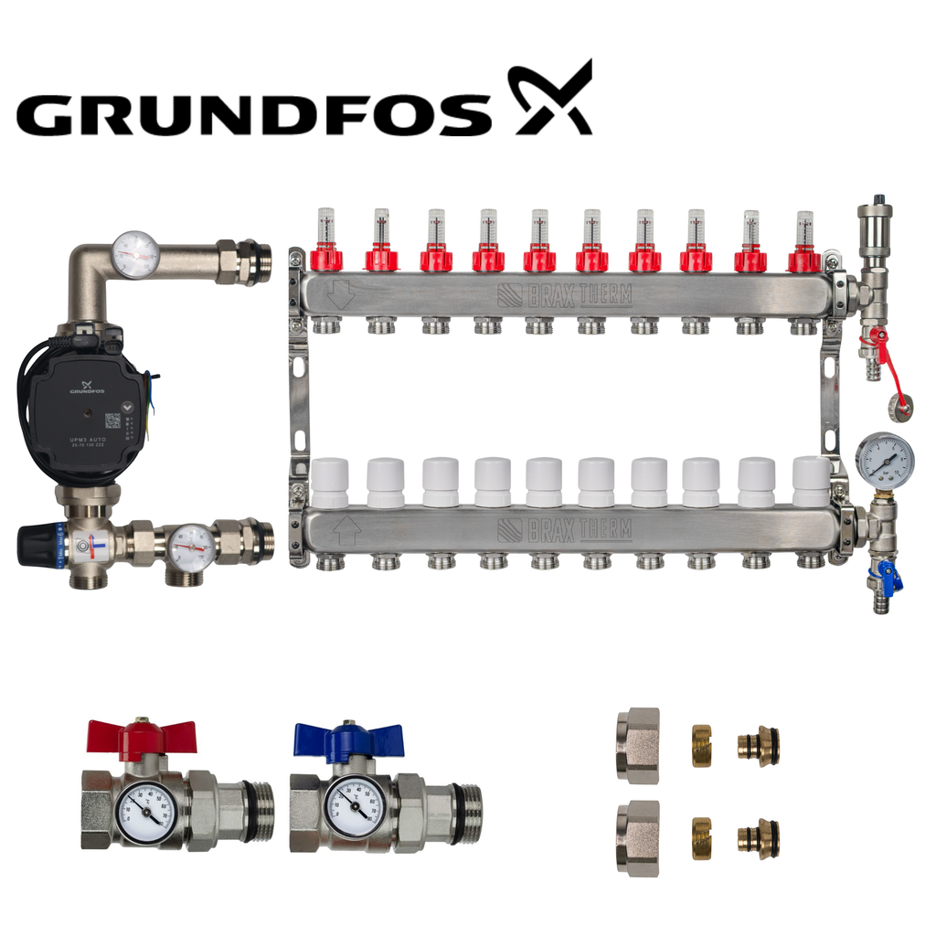 Underfloor Heating Manifold 10 Port Complete Kit with Grundfos UMP3 Pump, Isolation Ball Valves and 16mm Eurocone Adapters