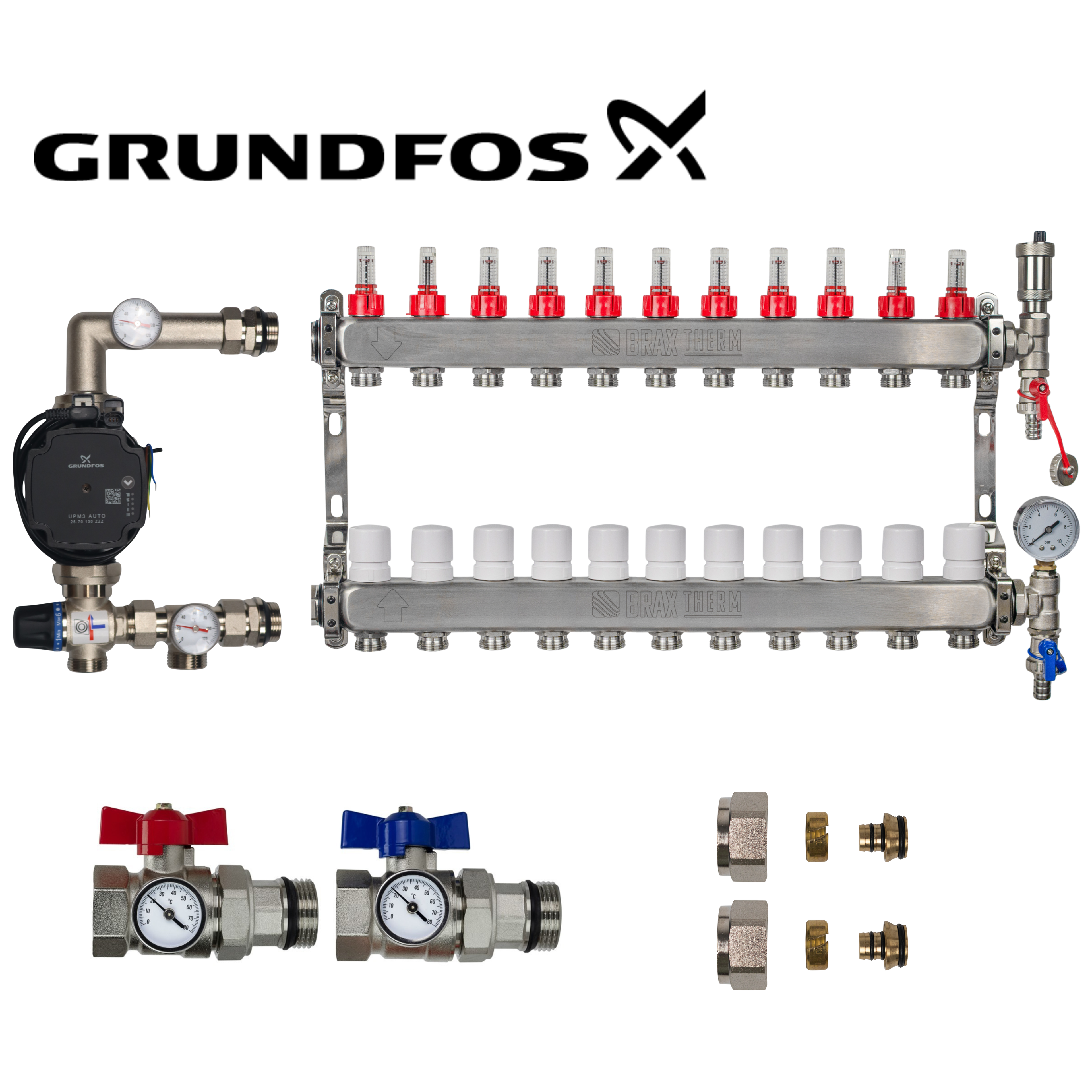 Underfloor Heating Manifold 11 Port Complete Kit with Grundfos UMP3 Pump, Isolation Ball Valves and 16mm Eurocone Adapters