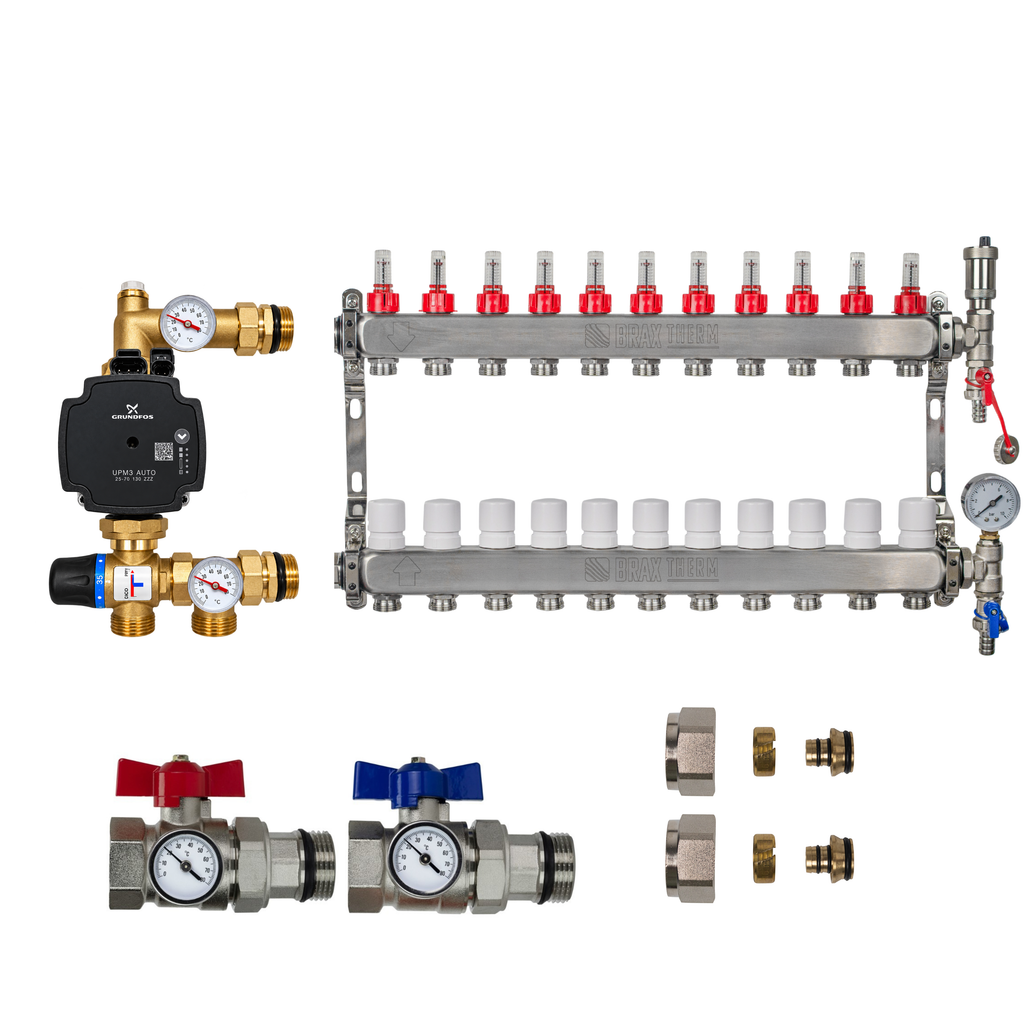 Underfloor Heating Manifold 11 Port + Grundfos Pump - 304 Stainless Steel UFH Kit, A-Rated, Ball Valves | Braxtherm