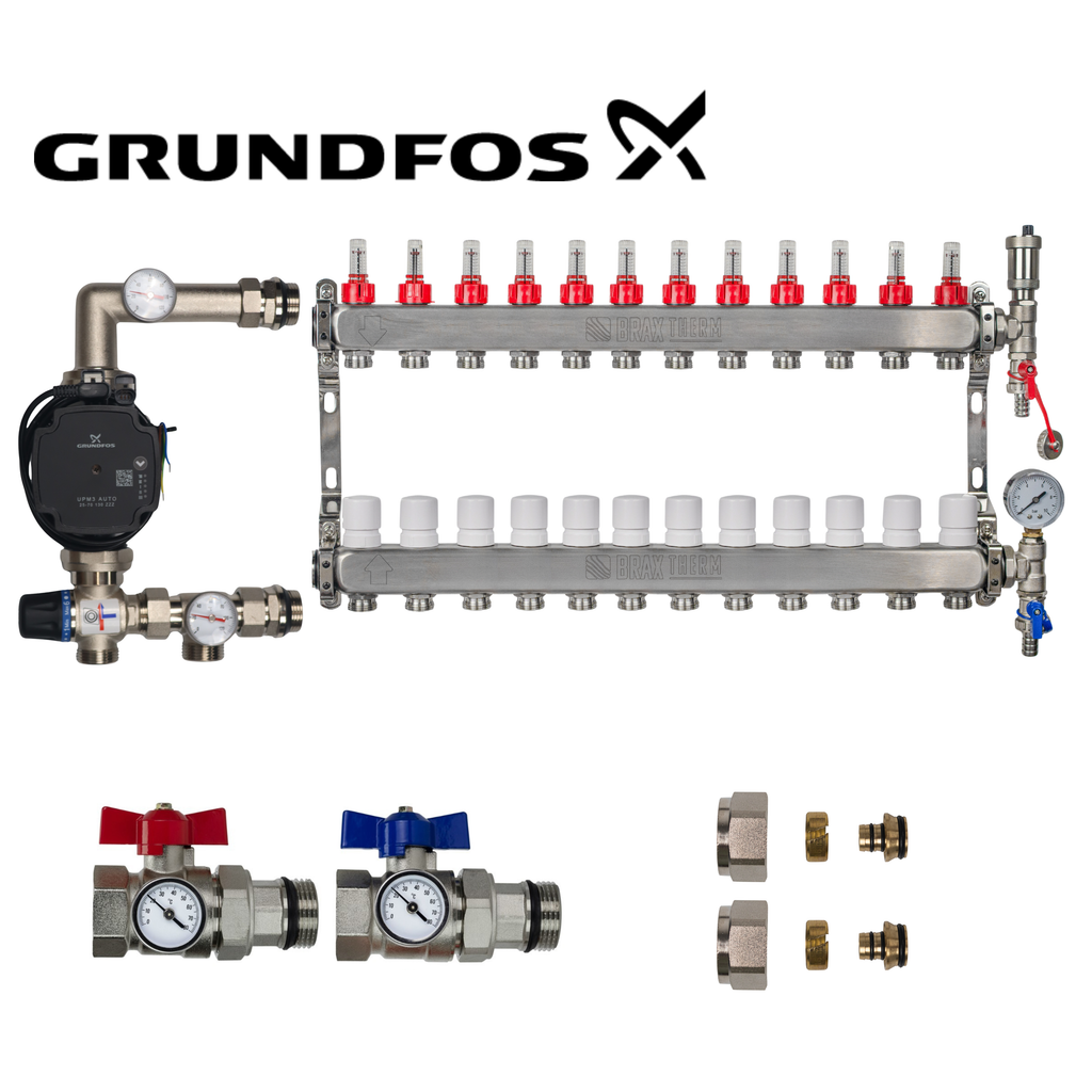 Underfloor Heating Manifold 12 Port Complete Kit with Grundfos UMP3 Pump, Isolation Ball Valves and 16mm Eurocone Adapters