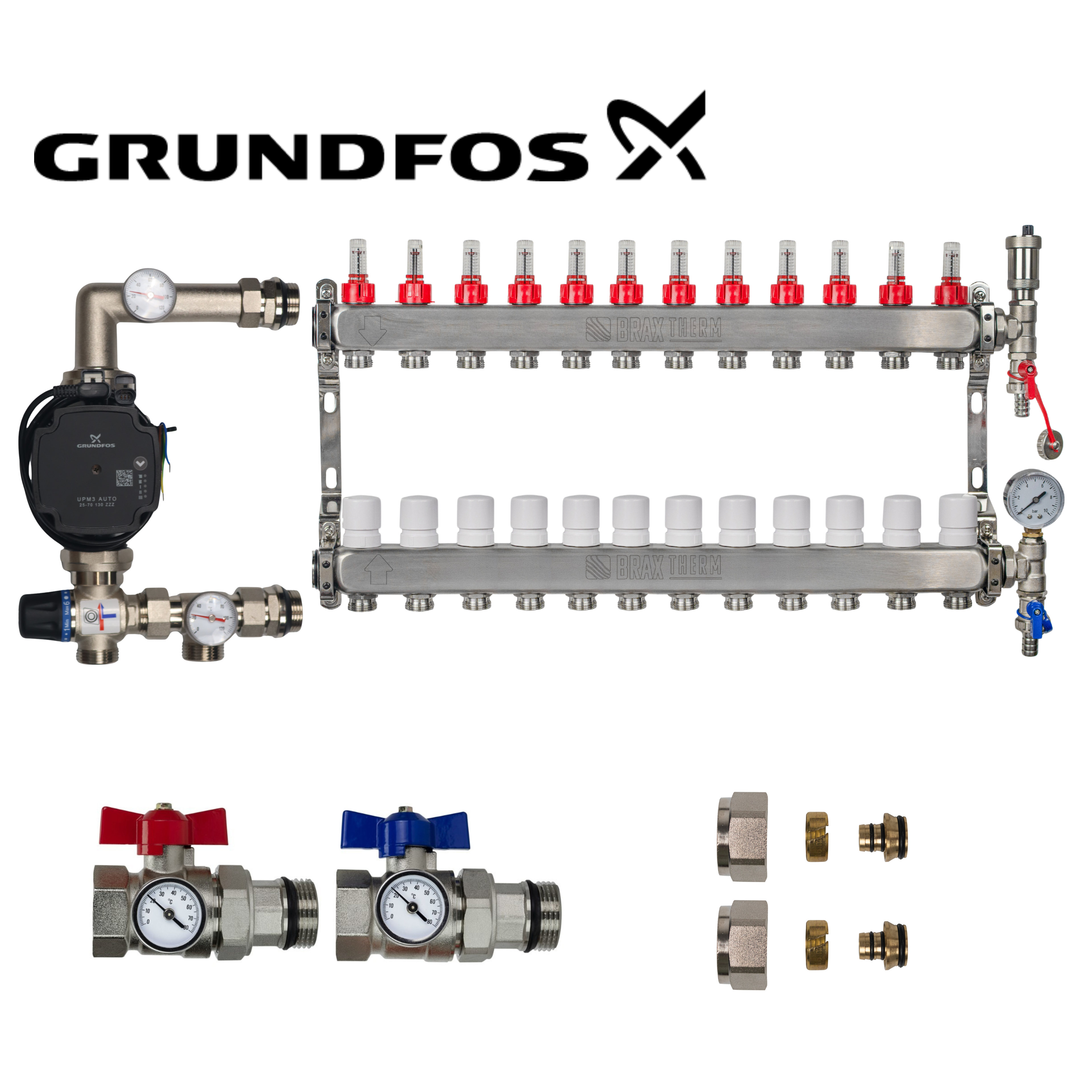 Underfloor Heating Manifold 12 Port Complete Kit with Grundfos UMP3 Pump, Isolation Ball Valves and 16mm Eurocone Adapters