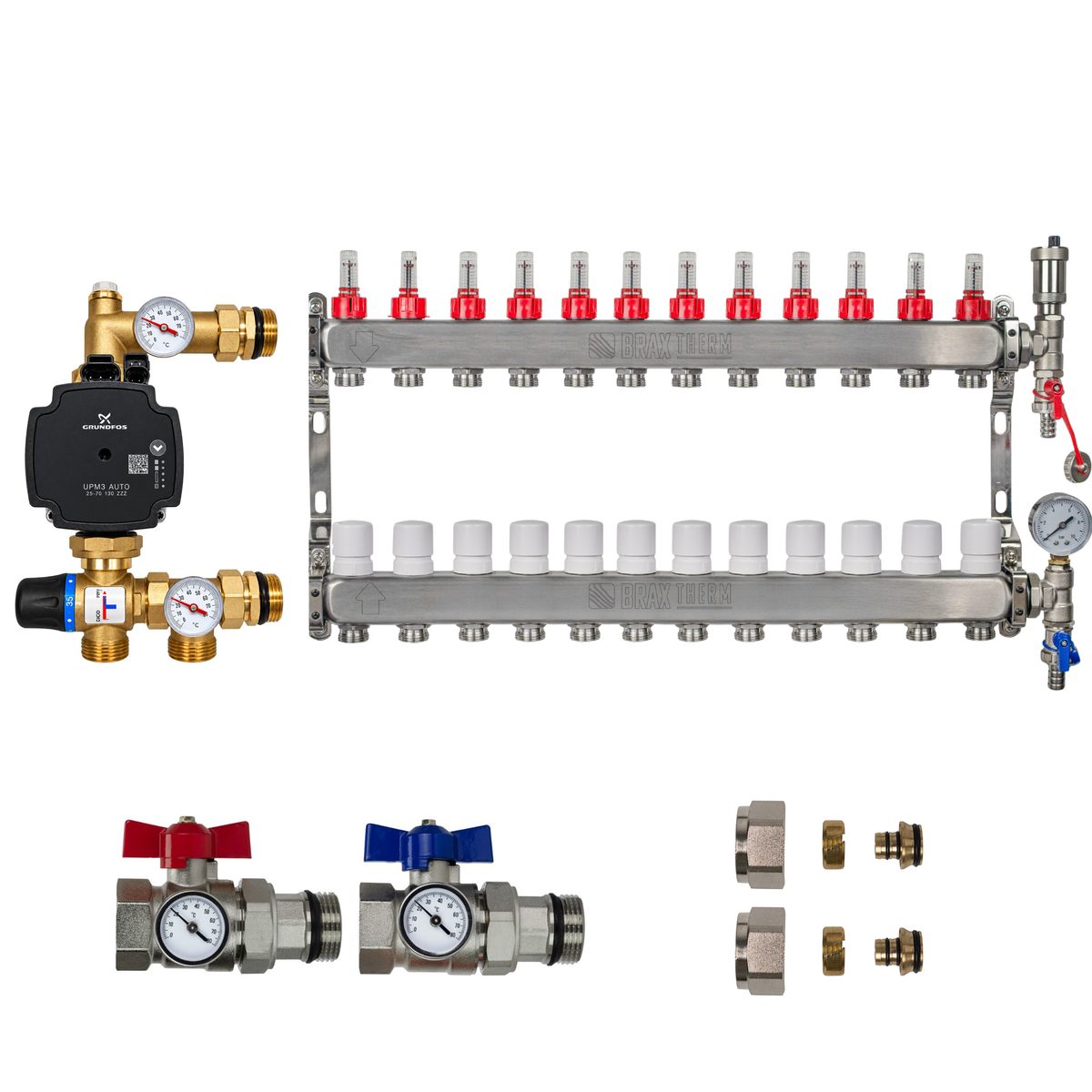 Underfloor Heating Manifold 12 Port + Grundfos Pump - 304 Stainless Steel UFH Kit, A-Rated, Ball Valves | Braxtherm
