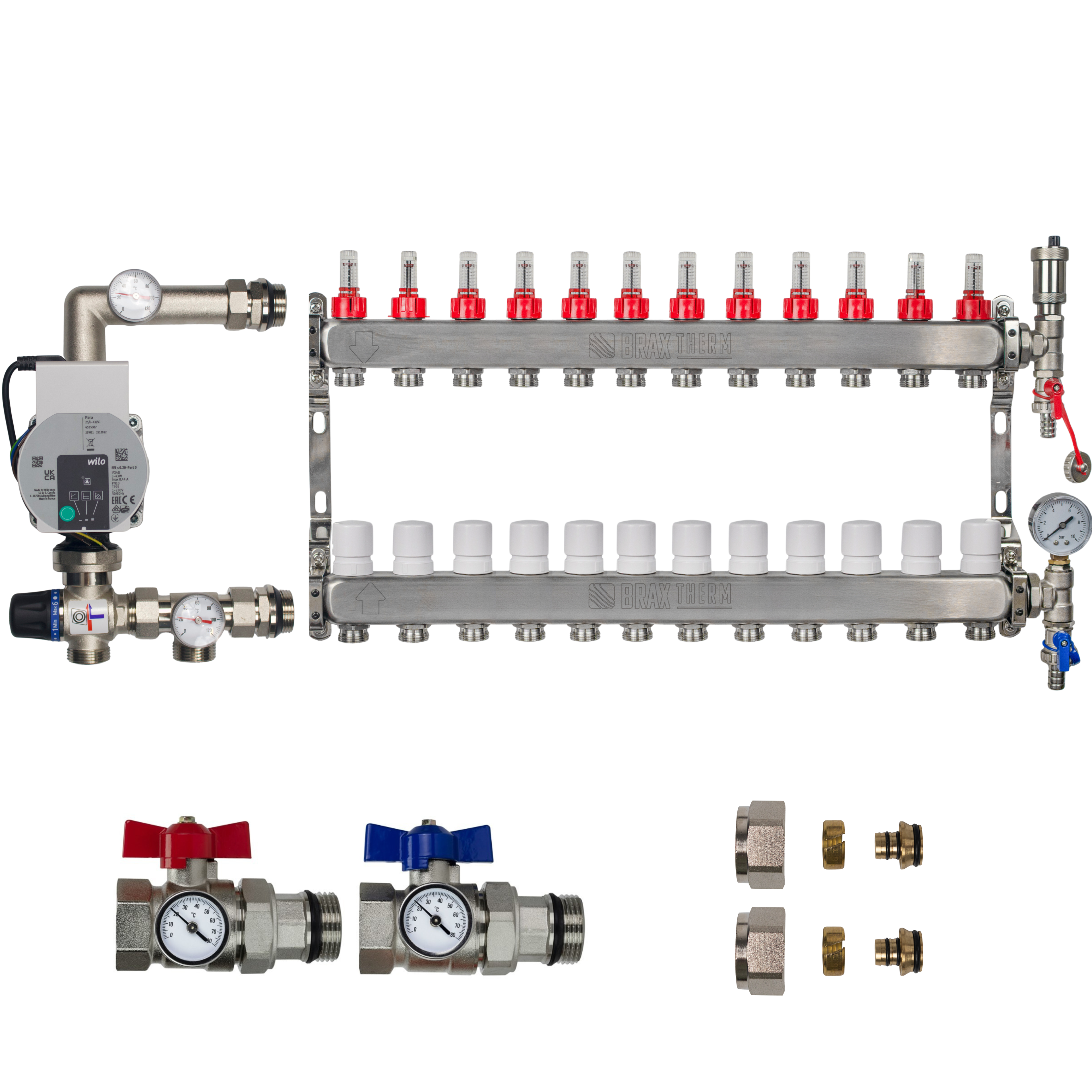 Underfloor Heating Manifold 12 Port + Wilo Para Pump - 304 Stainless Steel UFH Kit, A-Rated, Ball Valves | Braxtherm