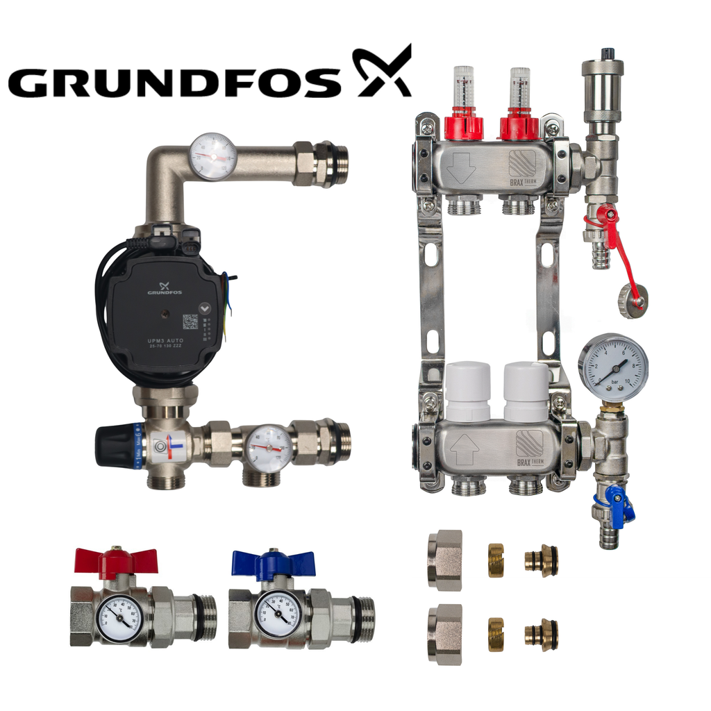 Underfloor Heating Manifold 2 Port Complete Kit with Grundfos UMP3 Pump, Isolation Ball Valves and 16mm Eurocone Adapters