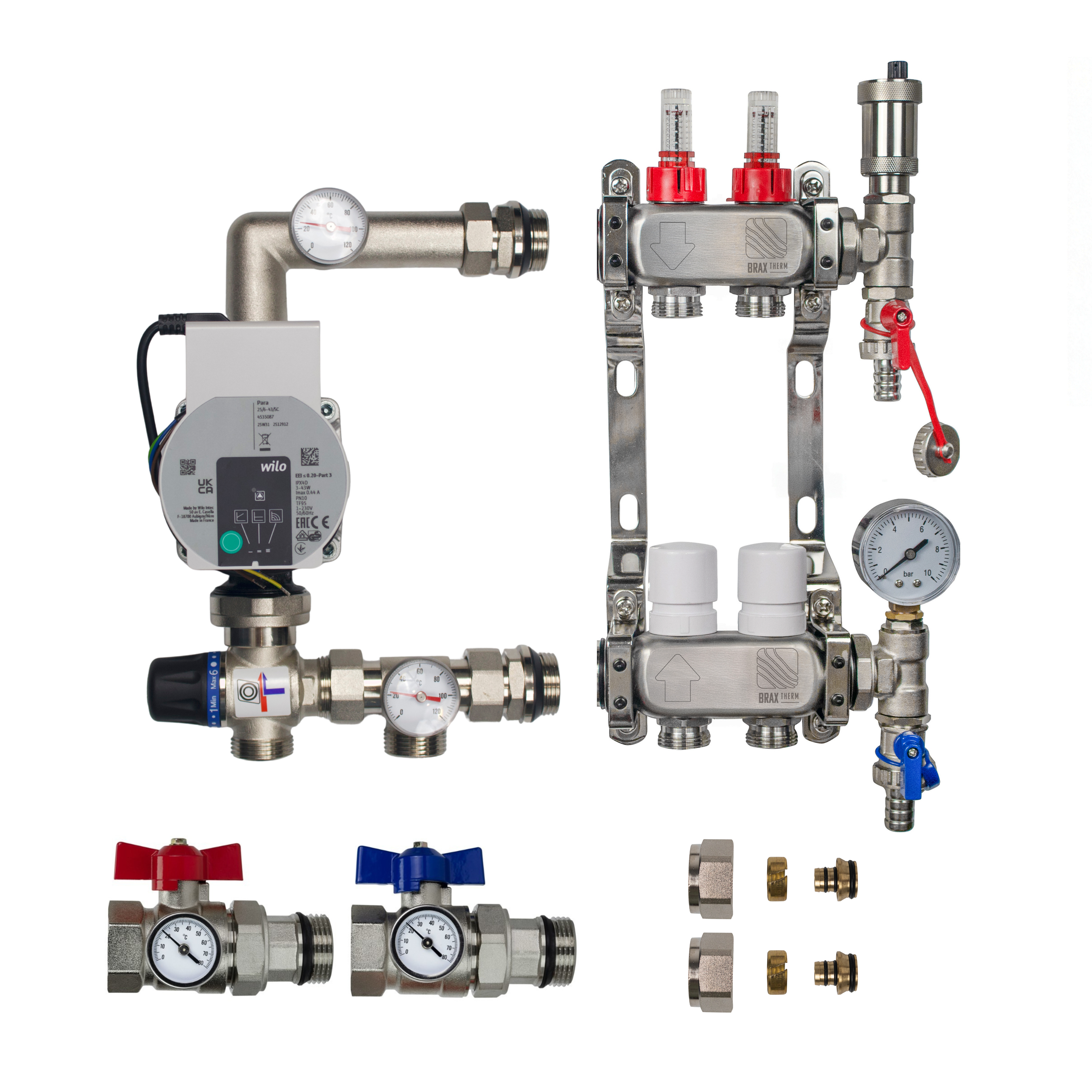 Underfloor Heating Manifold 2 Port + Wilo Para Pump - 304 Stainless Steel UFH Kit, A-Rated, Ball Valves | Braxtherm