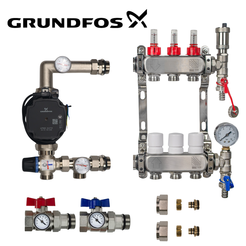 Underfloor Heating Manifold 3 Port Complete Kit with Grundfos UMP3 Pump, Isolation Ball Valves and 16mm Eurocone Adapters