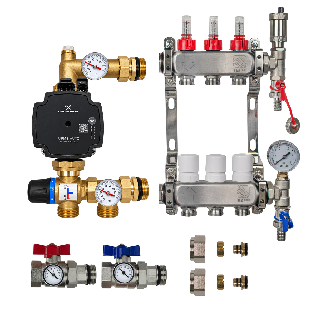 Underfloor Heating Manifold 3 Port + Grundfos Pump - 304 Stainless Steel UFH Kit, A-Rated, Ball Valves | Braxtherm
