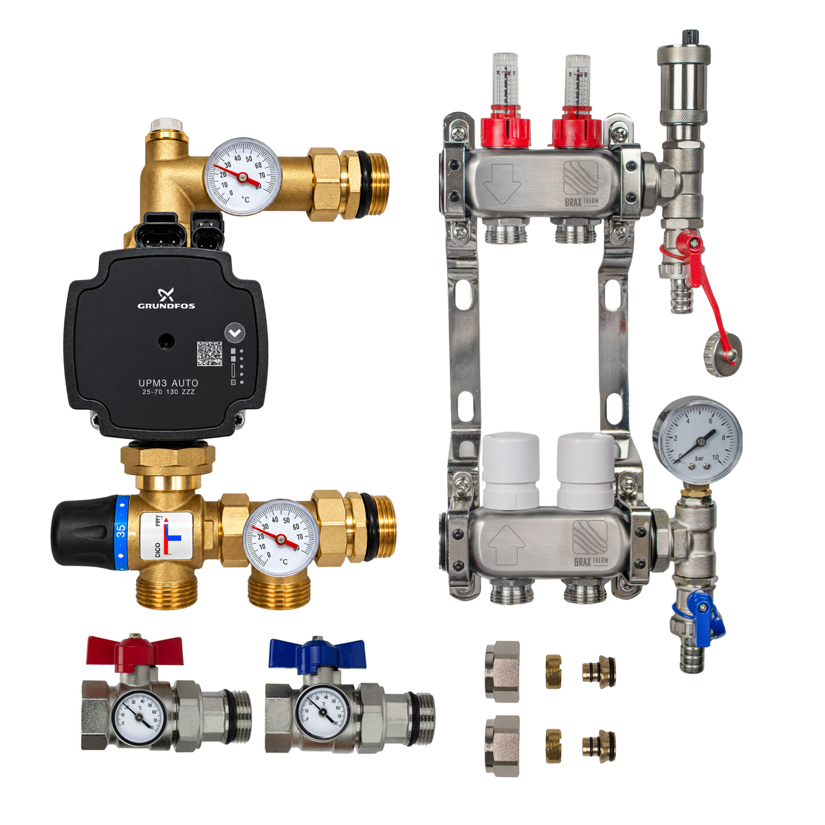 Underfloor Heating Manifold 2 Port + Grundfos Pump - 304 Stainless Steel UFH Kit, A-Rated, Ball Valves | Braxtherm