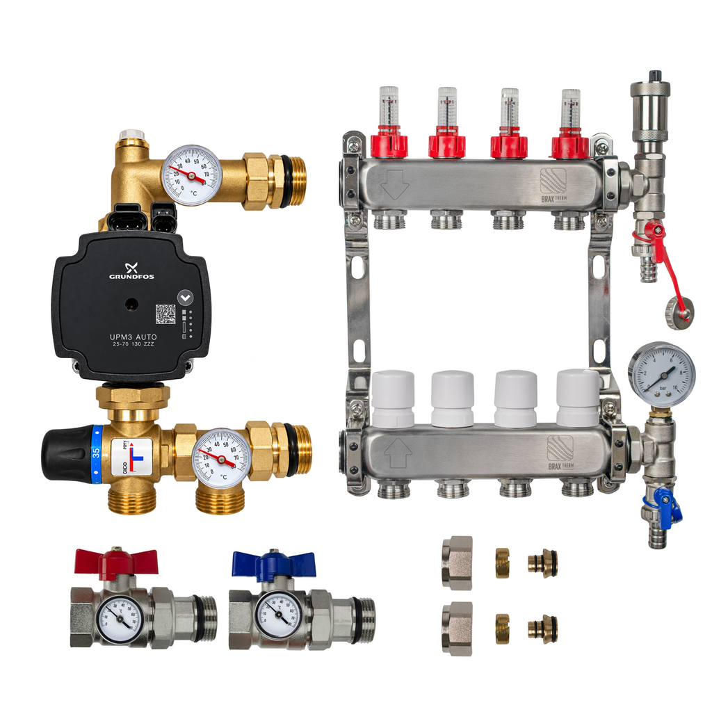 Underfloor Heating Manifold 4 Port + Grundfos Pump - 304 Stainless Steel UFH Kit, A-Rated, Ball Valves | Braxtherm