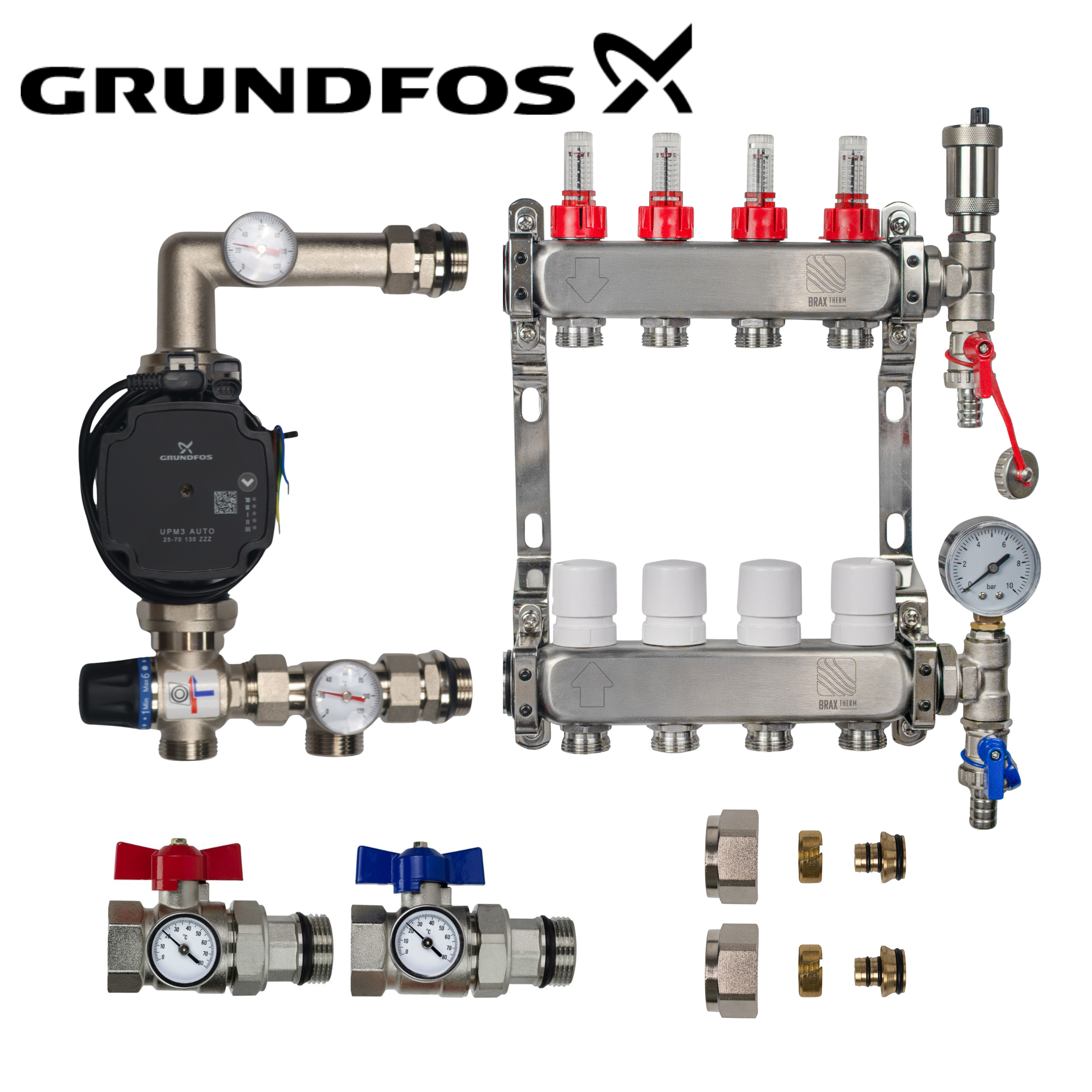 Underfloor Heating Manifold 4 Port Complete Kit with Grundfos UMP3 Pump, Isolation Ball Valves and 16mm Eurocone Adapters
