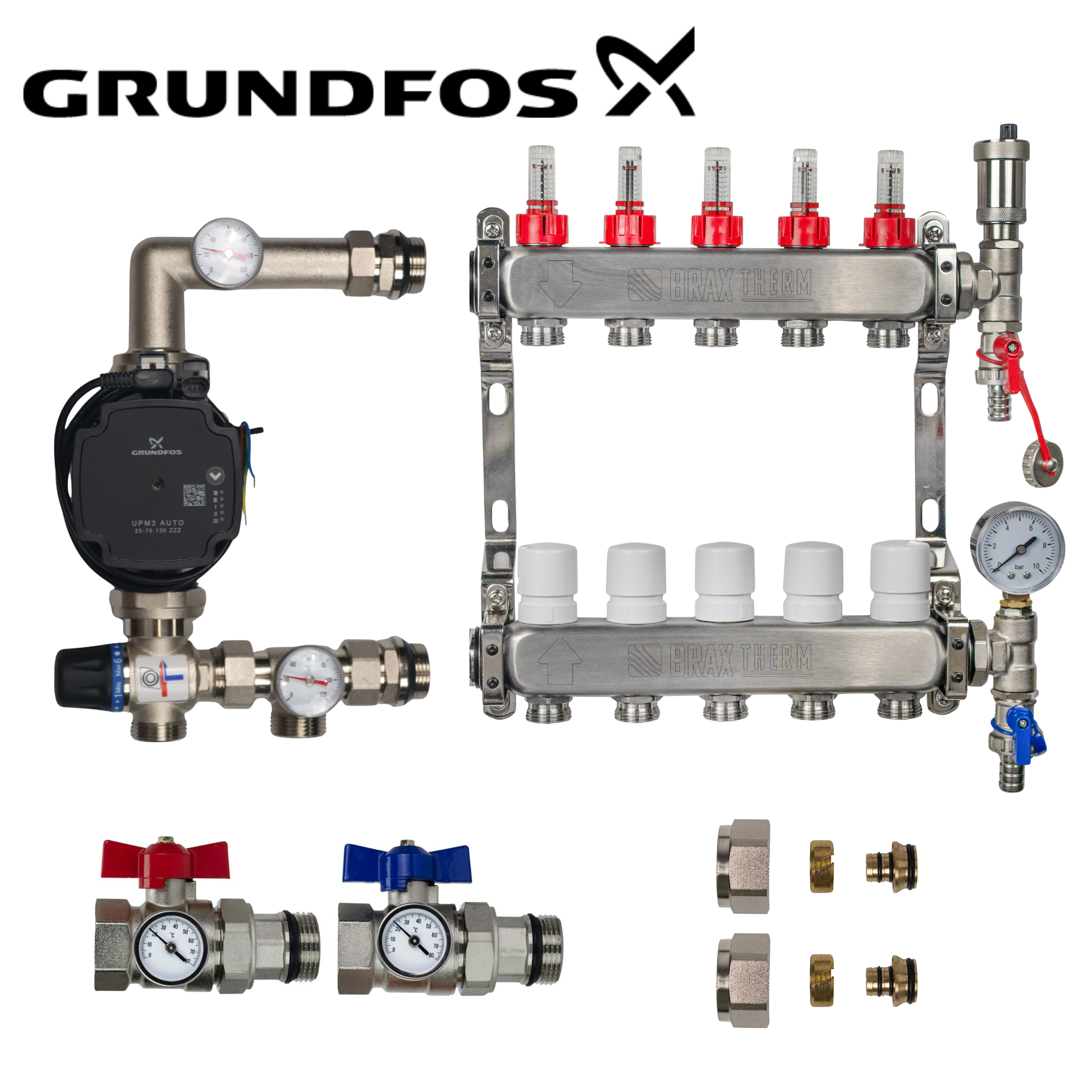 Underfloor Heating Manifold 5 Port Complete Kit with Grundfos UMP3 Pump, Isolation Ball Valves and 16mm Eurocone Adapters