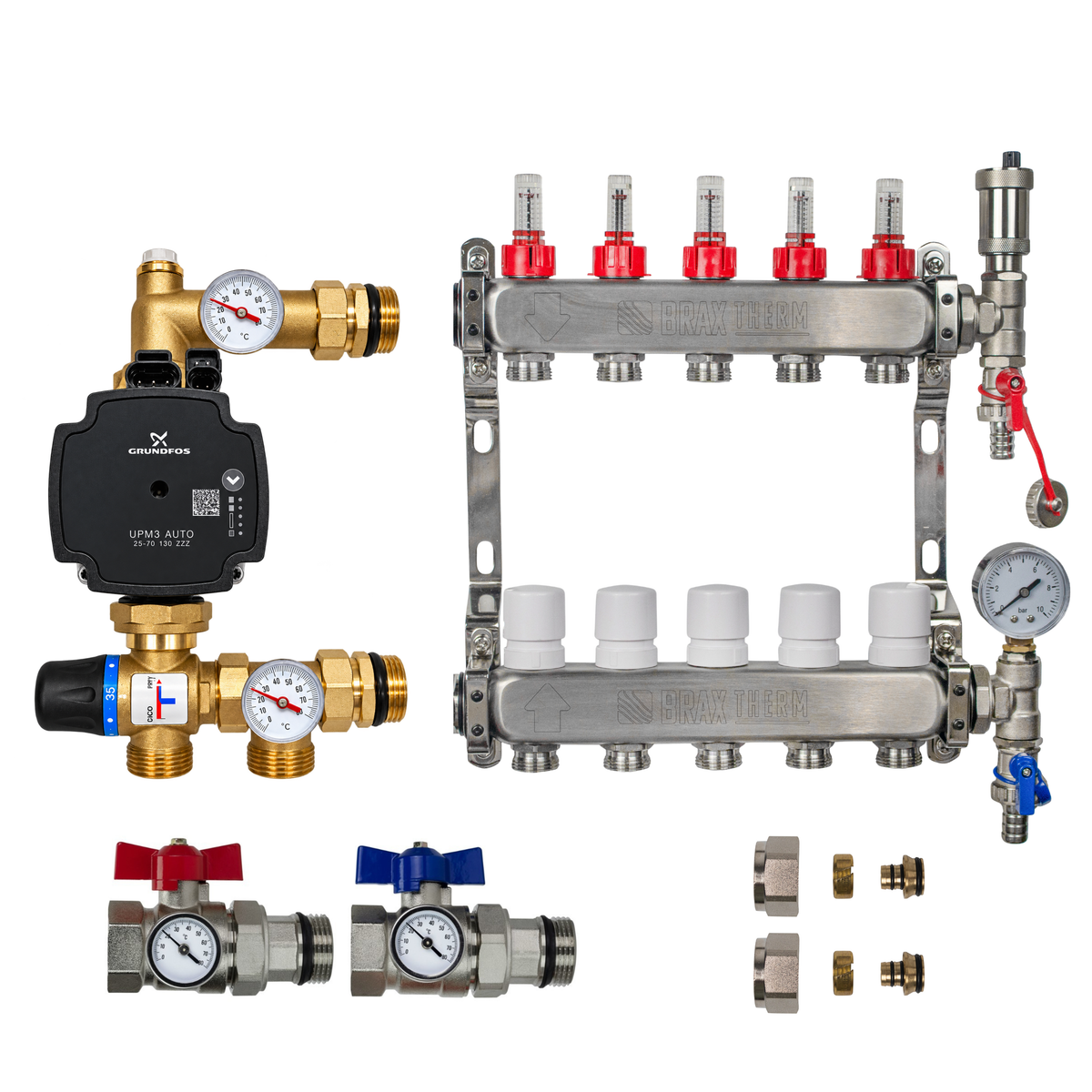 Underfloor Heating Manifold 5 Port + Grundfos Pump - 304 Stainless Steel UFH Kit, A-Rated, Ball Valves | Braxtherm