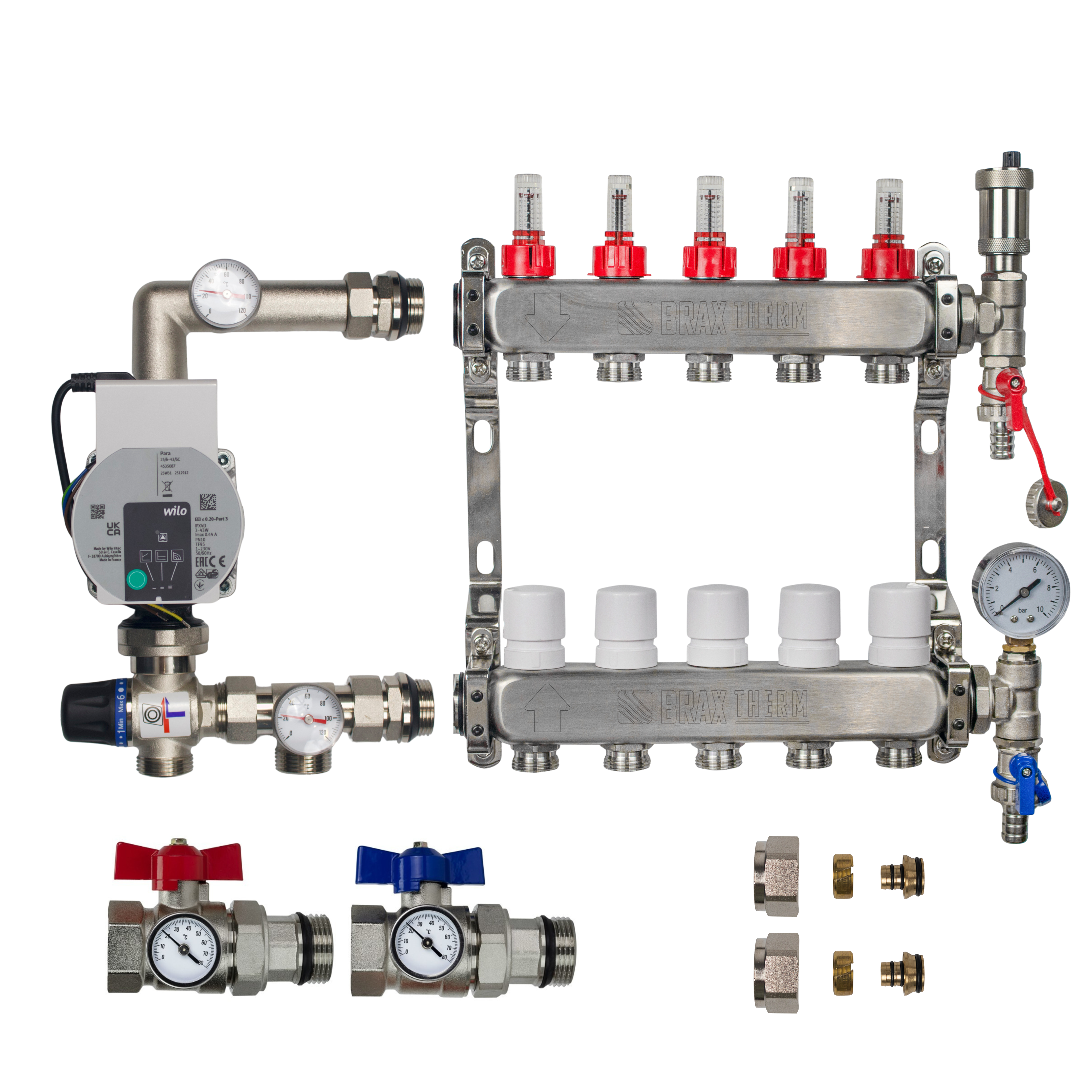 Underfloor Heating Manifold 5 Port + Wilo Para Pump - 304 Stainless Steel UFH Kit, A-Rated, Ball Valves | Braxtherm