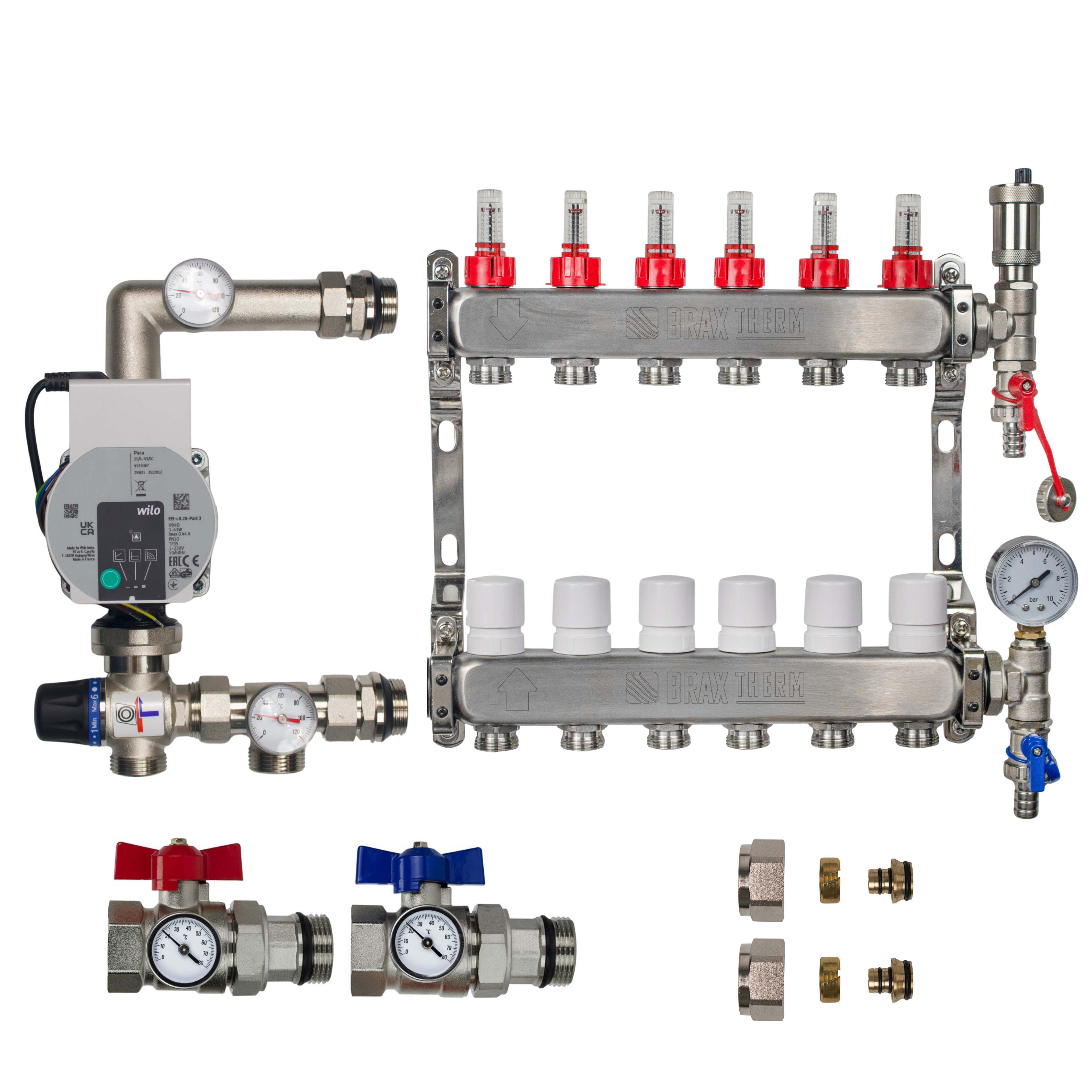 Underfloor Heating Manifold 6 Port + Wilo Para Pump - 304 Stainless Steel UFH Kit, A-Rated, Ball Valves | Braxtherm