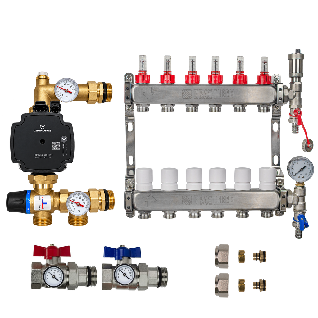 Underfloor Heating Manifold 6 Port + Grundfos Pump - 304 Stainless Steel UFH Kit, A-Rated, Ball Valves | Braxtherm