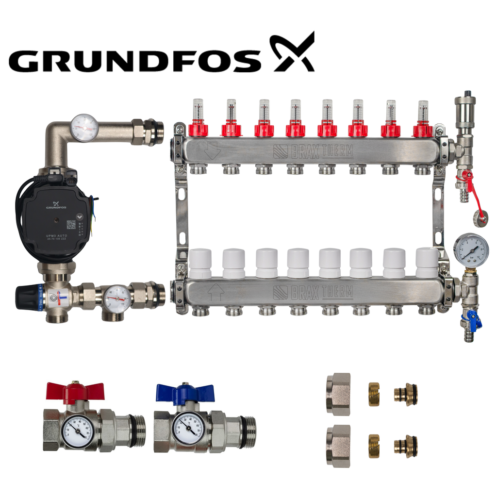 Underfloor Heating Manifold 7 Port Complete Kit with Grundfos UMP3 Pump, Isolation Ball Valves and 16mm Eurocone Adapters