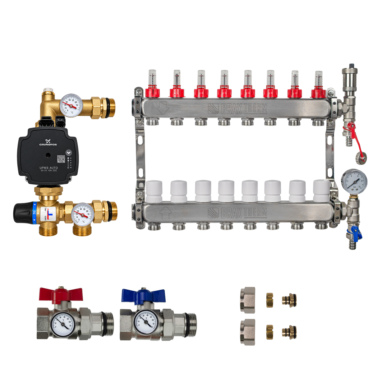 Underfloor Heating Manifold 8 Port + Grundfos Pump - 304 Stainless Steel UFH Kit, A-Rated, Ball Valves | Braxtherm