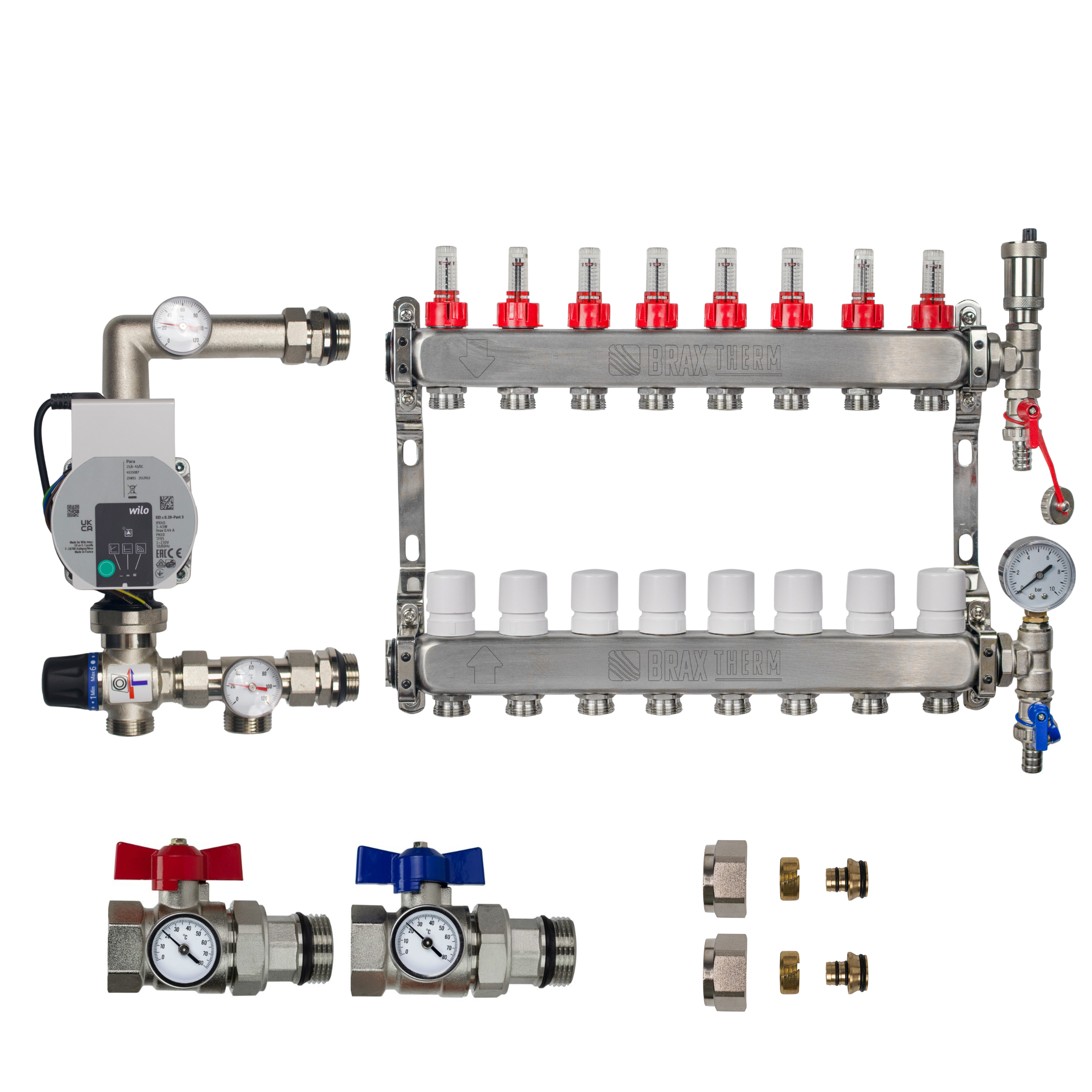 Underfloor Heating Manifold 7 Port + Wilo Para Pump - 304 Stainless Steel UFH Kit, A-Rated, Ball Valves | Braxtherm