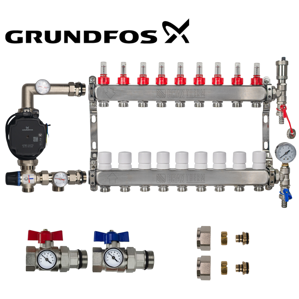 Underfloor Heating Manifold 9 Port Complete Kit with Grundfos UMP3 Pump, Isolation Ball Valves and 16mm Eurocone Adapters