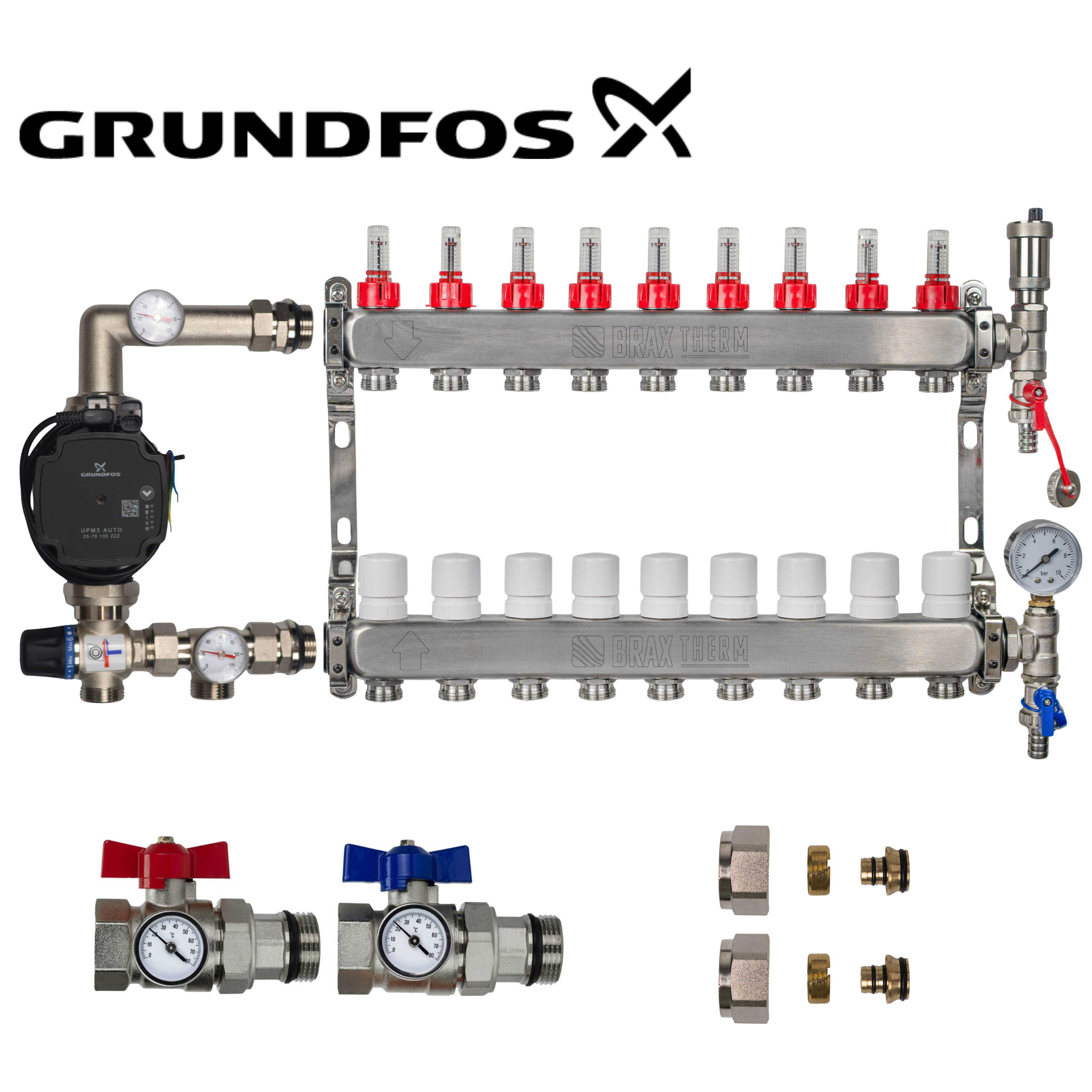 Underfloor Heating Manifold 9 Port Complete Kit with Grundfos UMP3 Pump, Isolation Ball Valves and 16mm Eurocone Adapters
