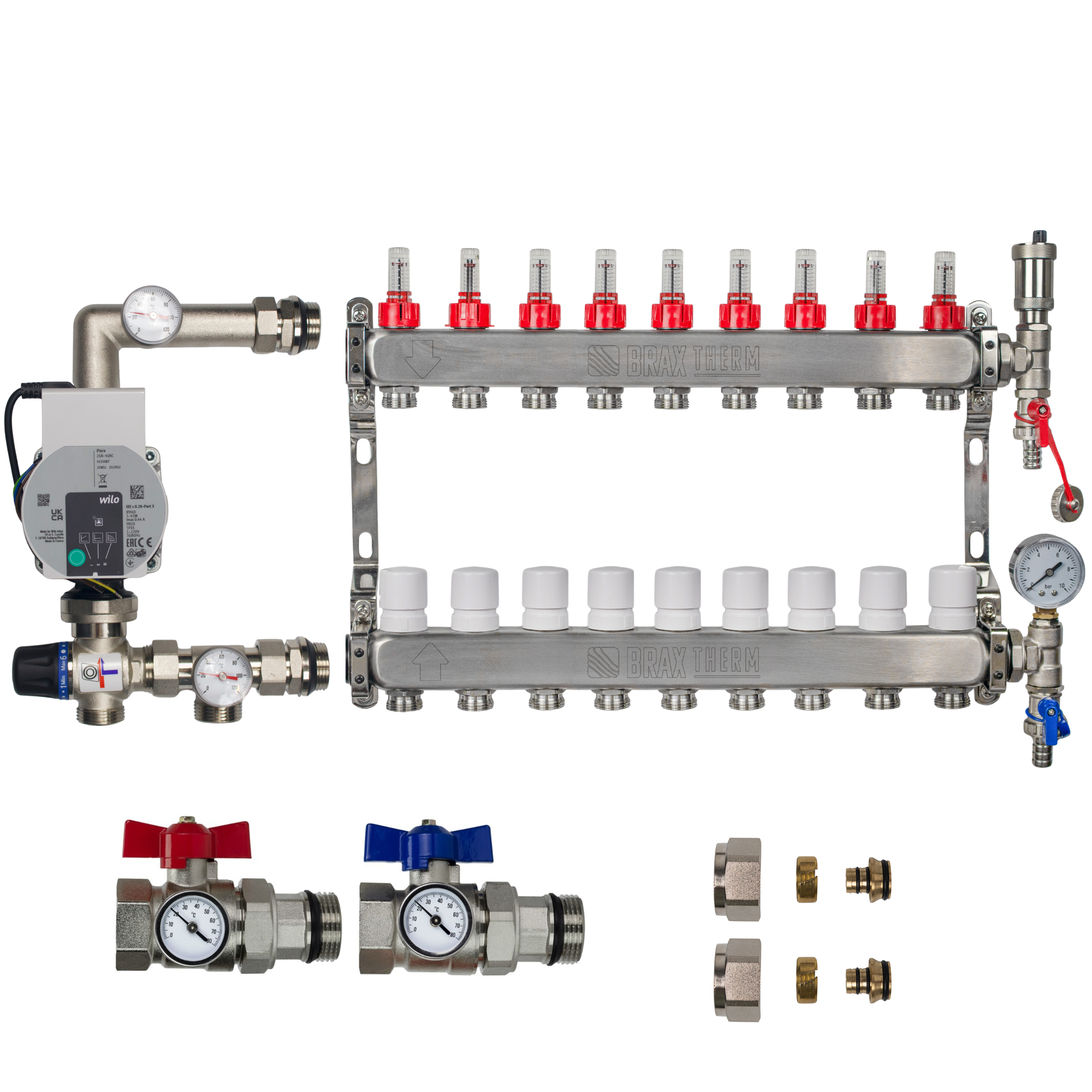 Underfloor Heating Manifold 9 Port + Wilo Para Pump - 304 Stainless Steel UFH Kit, A-Rated, Ball Valves | Braxtherm