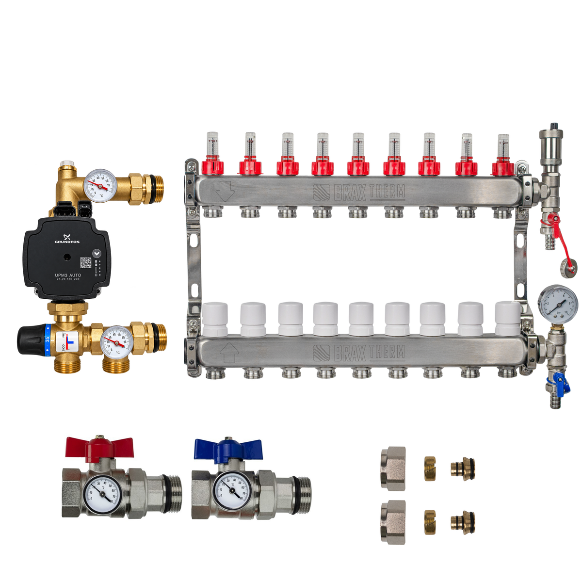 Underfloor Heating Manifold 9 Port + Grundfos Pump - 304 Stainless Steel UFH Kit, A-Rated, Ball Valves | Braxtherm