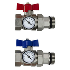 Underfloor Heating Manifold Ball Valves 1" BSP with Temperature Gauge - Red & Blue Isolation Set | Braxtherm