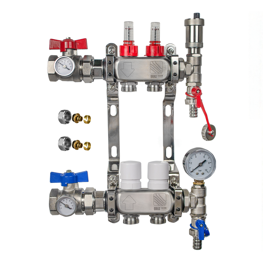 Underfloor Heating Manifold 2 Port 16mm Stainless Steel UFH Kit with Ball Valves, Temperature Gauge & Automatic Air Vent | Braxtherm