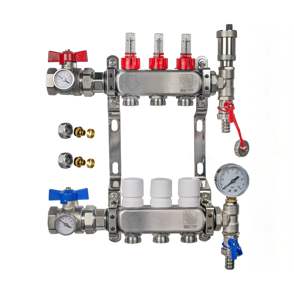 Underfloor Heating Manifold 3 Port Complete Set with 16mm Eurocone & Ball Valves