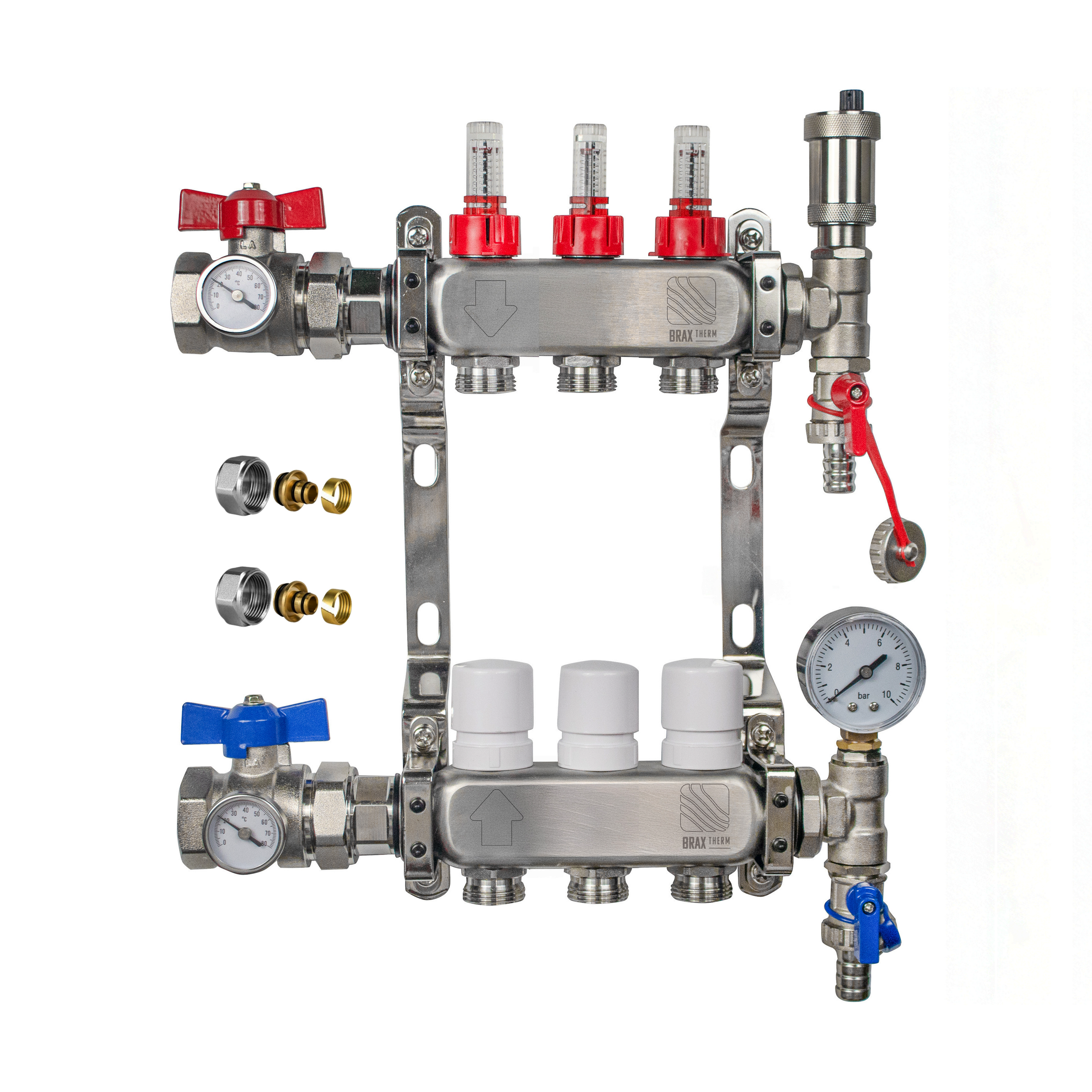 3 Port UFH Underfloor Heating Manifold Complete Set 16mm Eurocone, Ball Valves