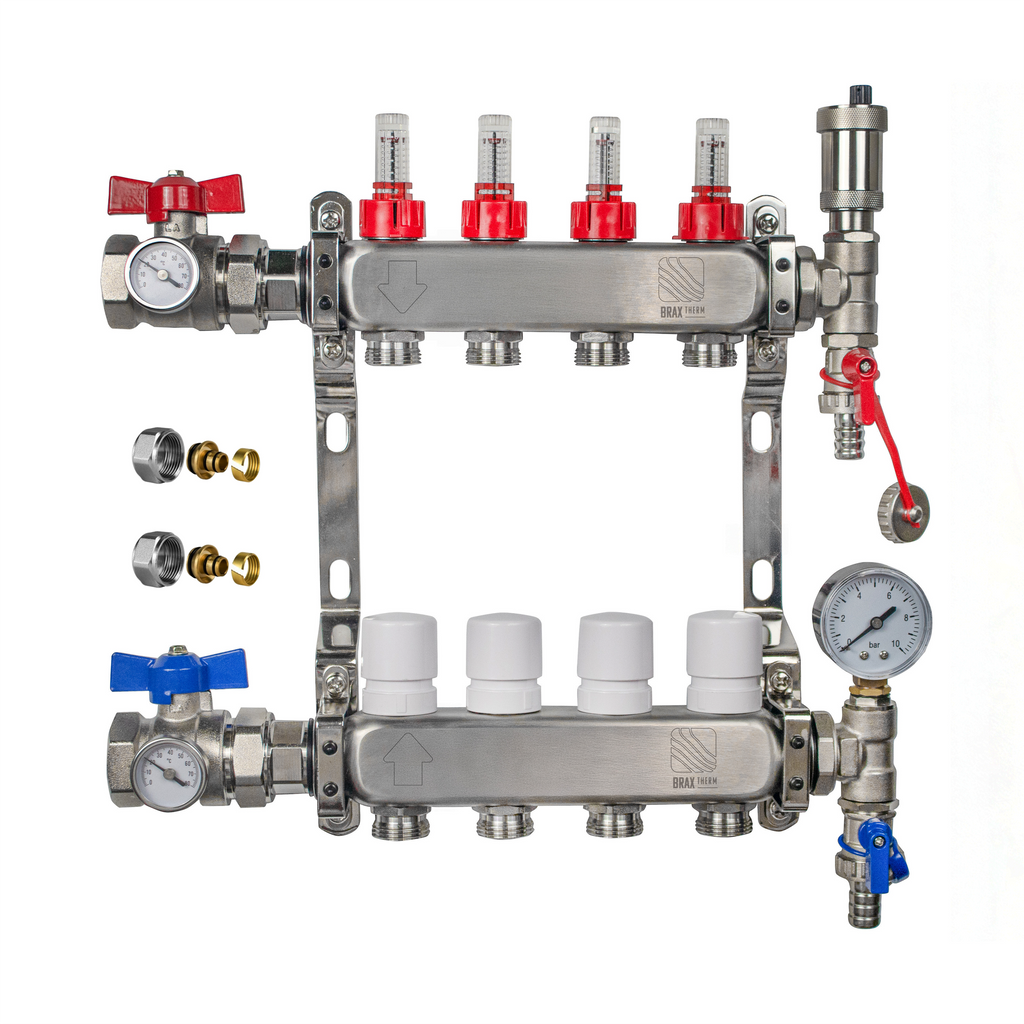 Underfloor Heating Manifold 4 Port 16mm Stainless Steel UFH Kit with Ball Valves, Temperature Gauge & Automatic Air Vent | Braxtherm