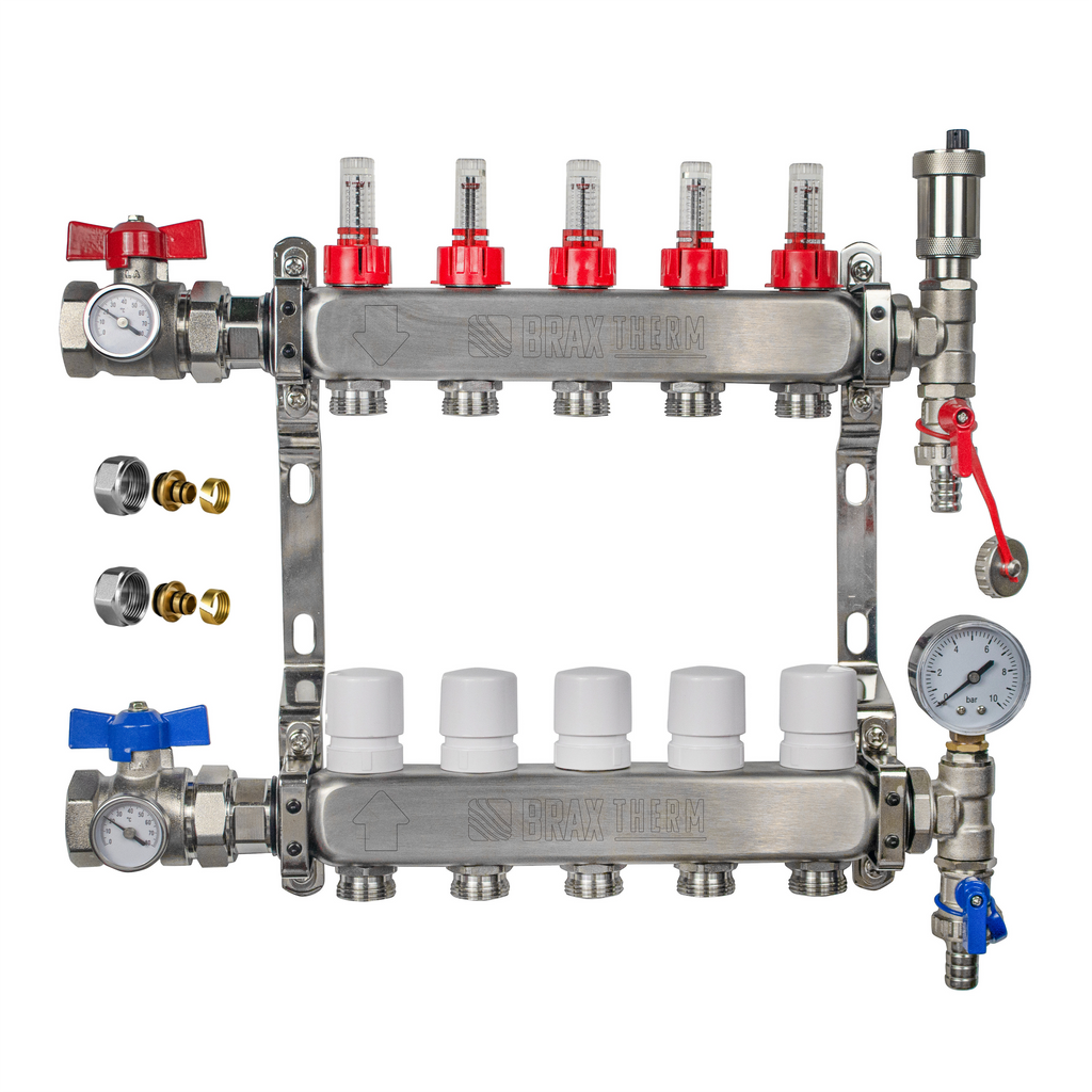 Underfloor Heating Manifold 5 Port Complete Set with 16mm Eurocone & Ball Valves & Auto Air Vent