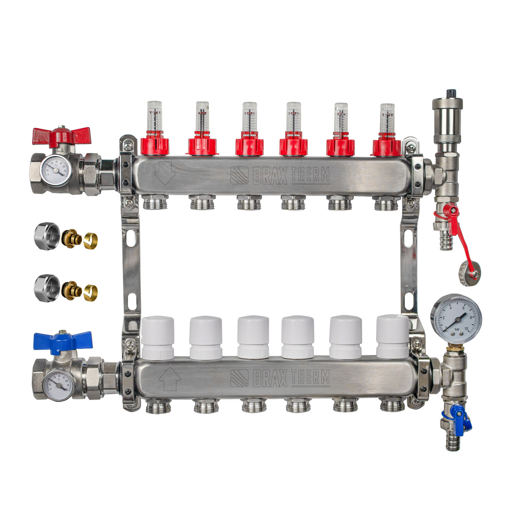 Underfloor Heating Manifold 6 Port Complete Set with 16mm Eurocone & Ball Valves & Auto Air Vent