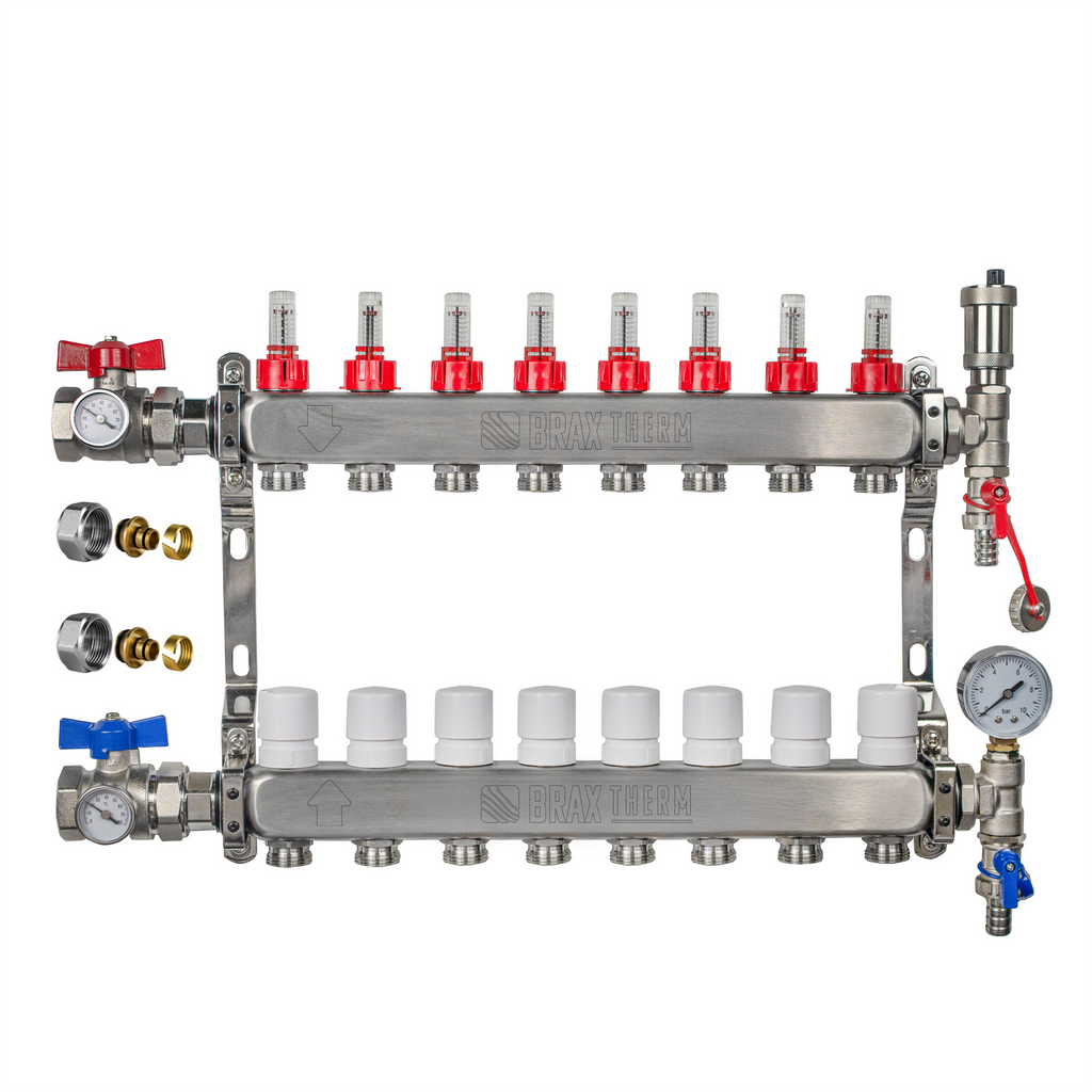 Underfloor Heating Manifold 7 Port 16mm Stainless Steel UFH Kit with Ball Valves, Temperature Gauge & Automatic Air Vent | Braxtherm