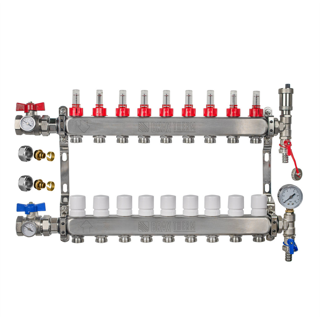 Underfloor Heating Manifold 9 Port 16mm Stainless Steel UFH Kit with Ball Valves, Temperature Gauge & Automatic Air Vent | Braxtherm