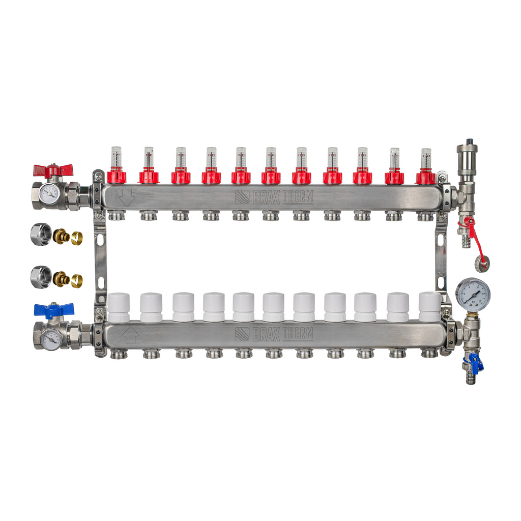 Underfloor Heating Manifold 11 Port 16mm Stainless Steel UFH Kit with Ball Valves, Temperature Gauge & Automatic Air Vent | Braxtherm