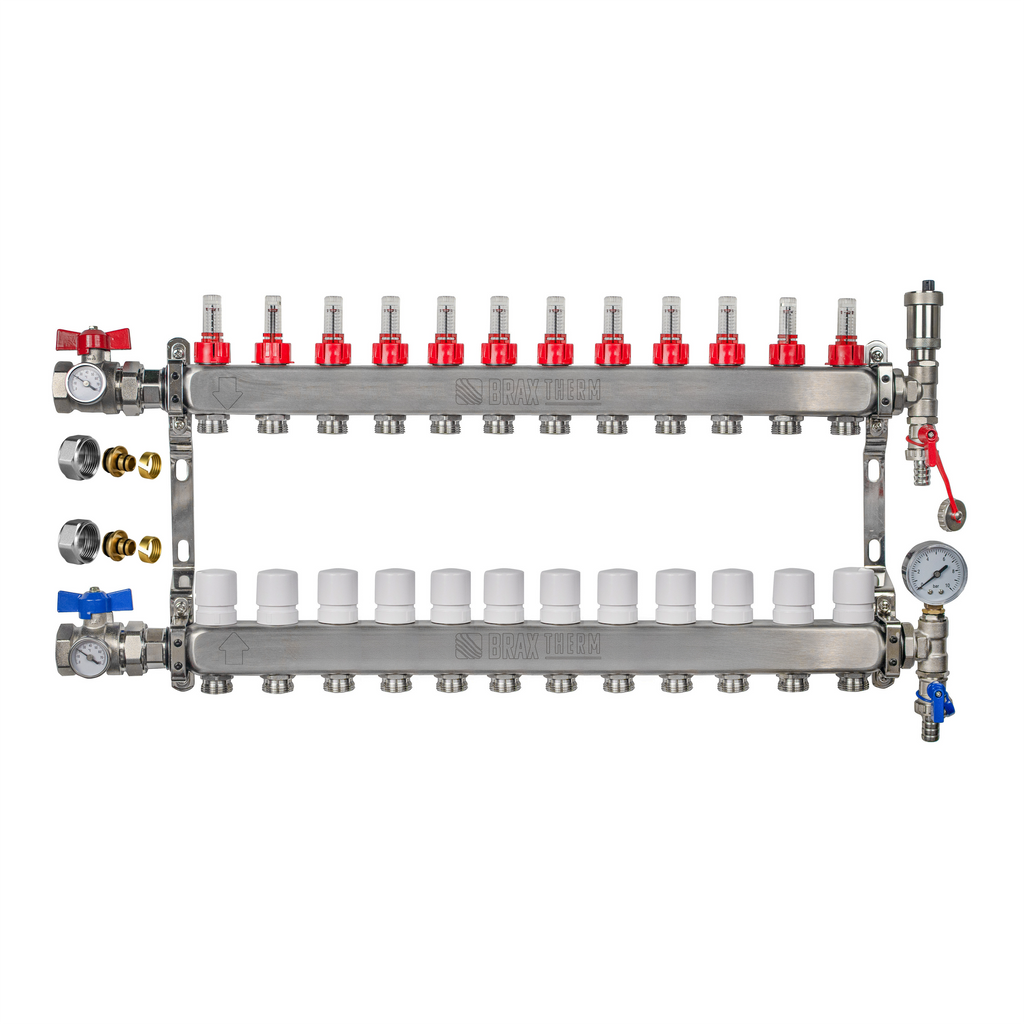 Underfloor Heating Manifold 12 Port 16mm Stainless Steel UFH Kit with Ball Valves, Temperature Gauge & Automatic Air Vent | Braxtherm